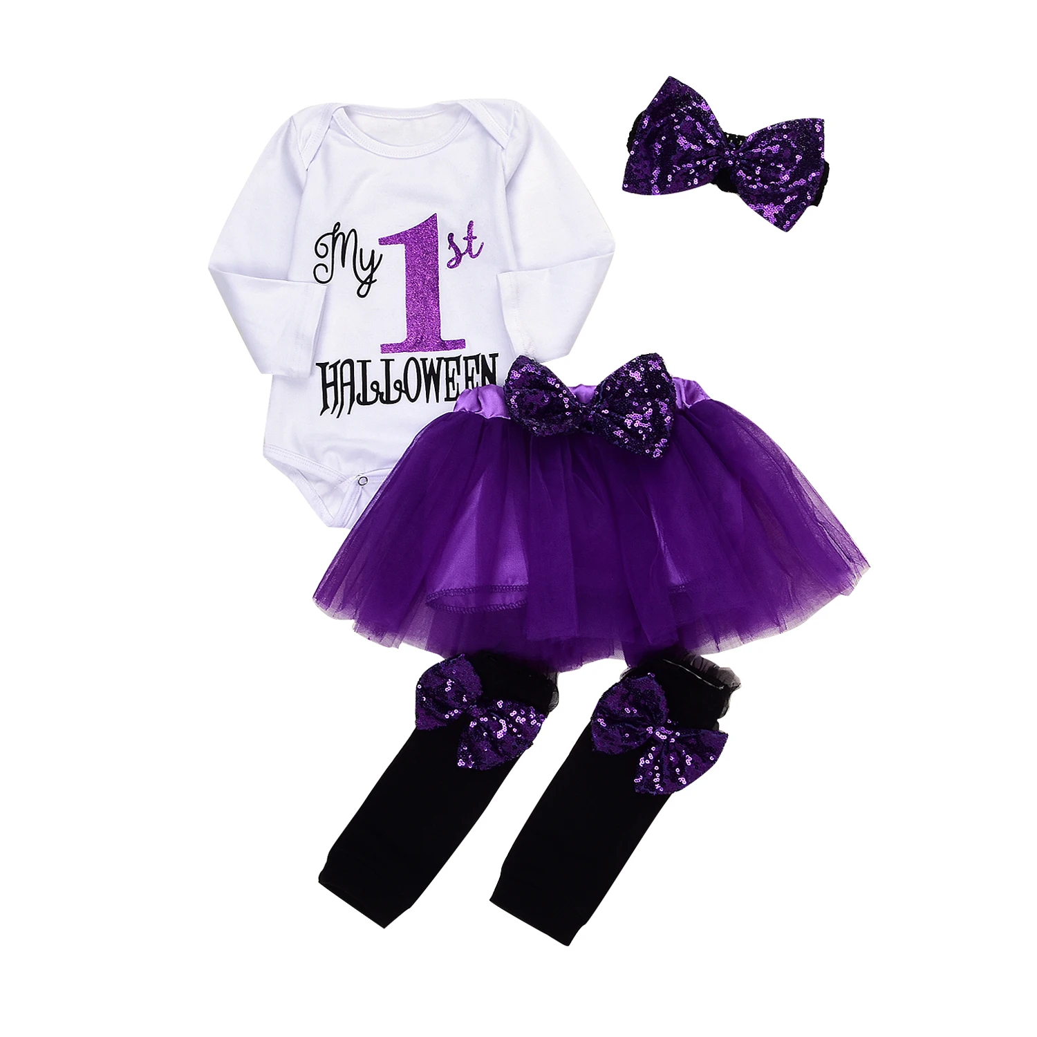 Lovely baby girl Halloween boutique outfit purple skirt romper dress with leg warmers 5 pieces sets