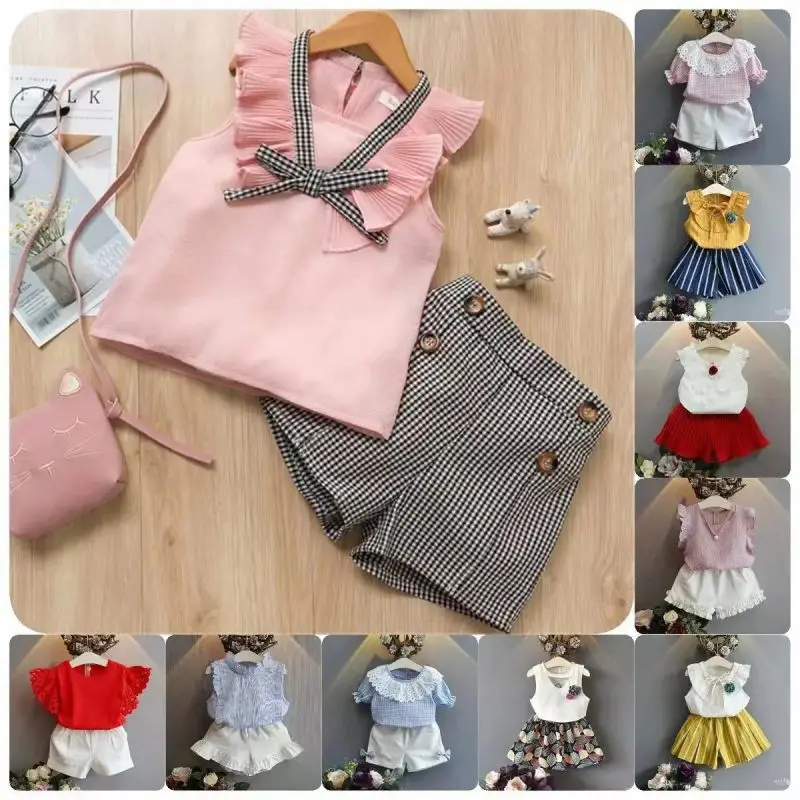 New Style Brand Kids Girls Clothing Sets Summer  Baby Girls Clothes short Sleeve T-Shirt Pant Dress 2Pcs Children Clothes Suits