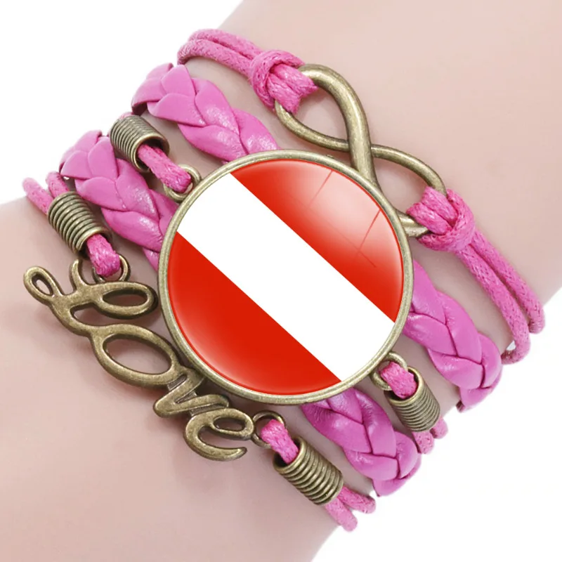 Manufacturer European National Country Flag Design Infinity Love Pink Leather Wrap Bracelet