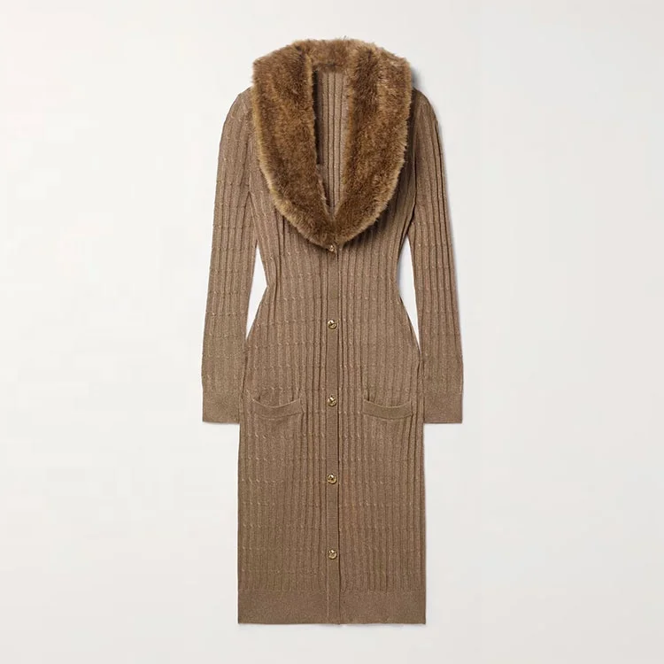 Factory Custom brown v neck single breasted french retro sexy celebrity high end luxury mature delicate knitted woman dress