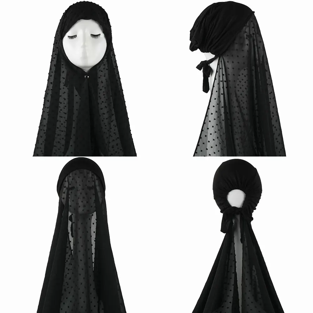 Muslim Women Pom Pom Chiffon Instant Hijab Scarf With Cap Pinless HIjabs Scarves Shawl with Under Caps Bonnet Headscarf