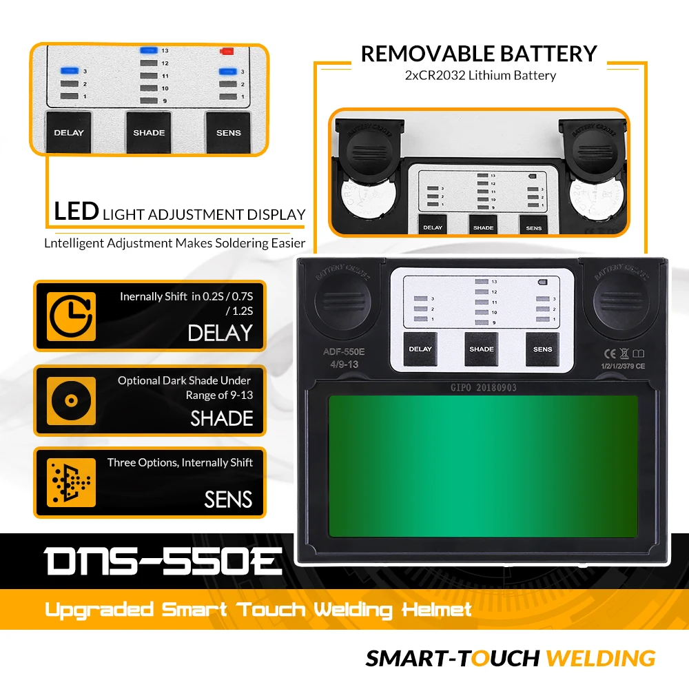 DEKO DNS-550E Solar Power Wide Shade Range Replaceable Battery Lens Welding Helmet for TIG MIG MMA Auto Darkening Welding Helmet