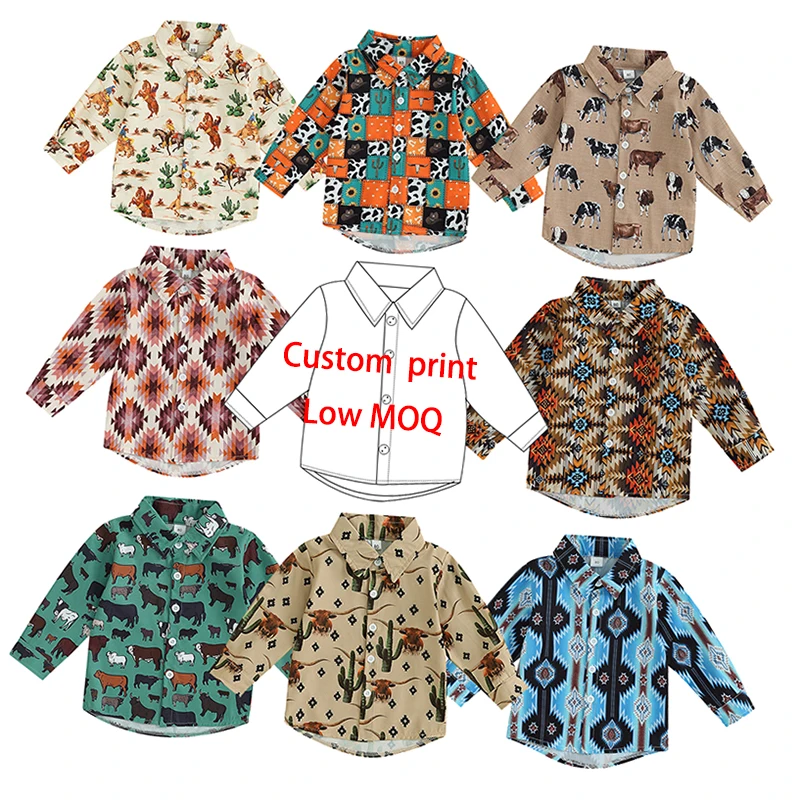 Fashion Western Long Sleeve Boy Button Up Turn Down Collar Milk Silk Comfortable Fabric Custom Pattern Kids Blouses Shirts