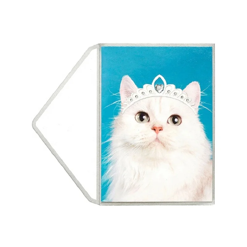 Elegant White Queen Cat Birthday Cards with Lovely Crown, Animal Handmade Custom Printing Greeting Cards