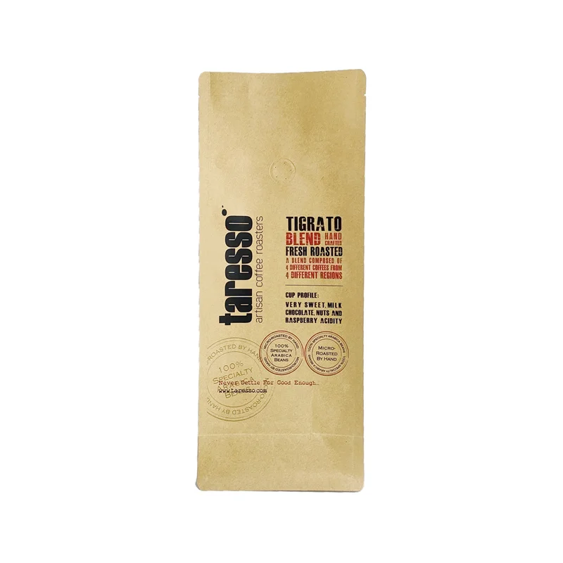 Custom design uv spot food grade kraft paper flat bottom stand up zipper 1kg coffee bag with valve