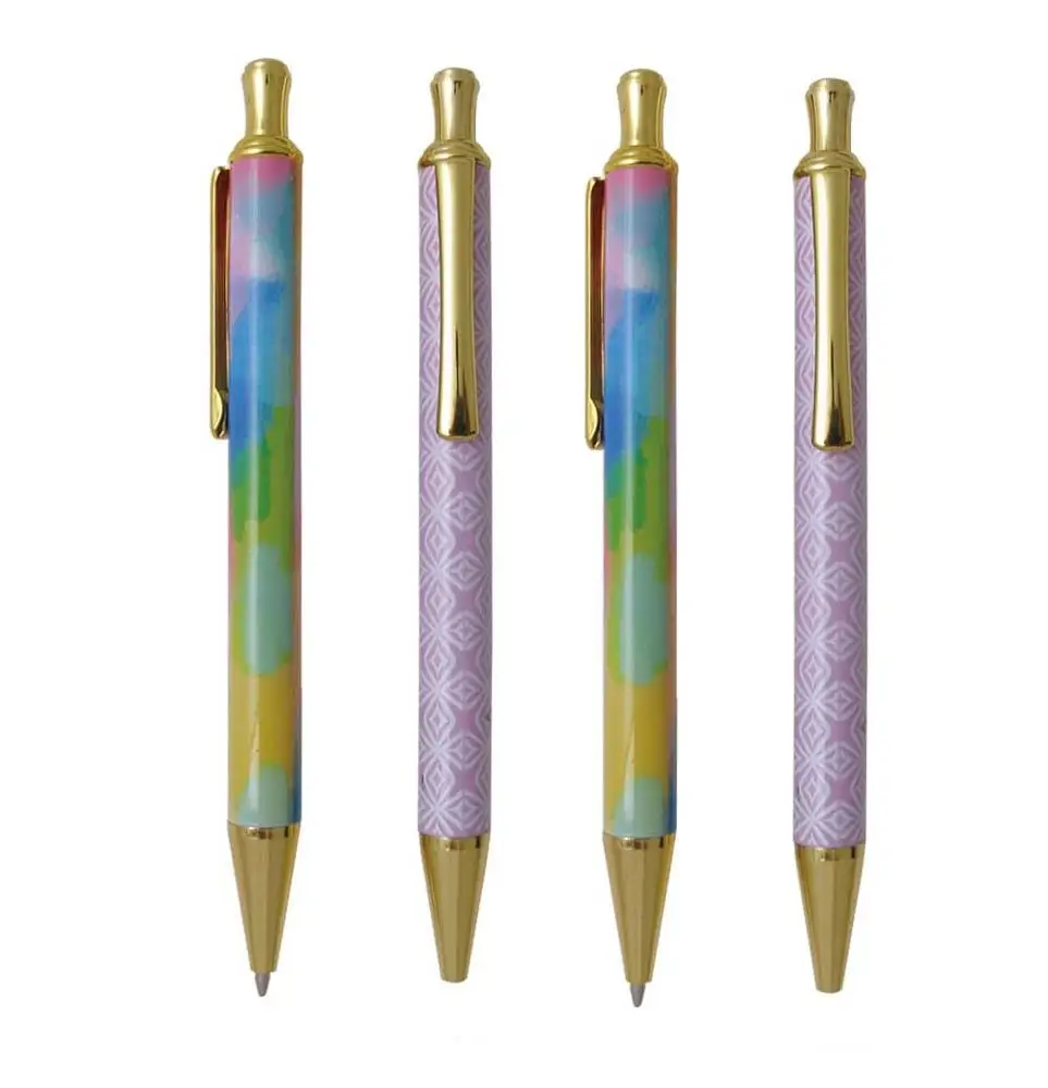 Promotional heat transfer gold metal aluminum pen ,press click action metal slim pen with roll printing