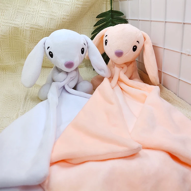 Newest Oem Embroidery Logo Polyester Sublimation Soft Plush Baby lovey Teddy Bear Baby Bunny Ears Security Blanket for Baby