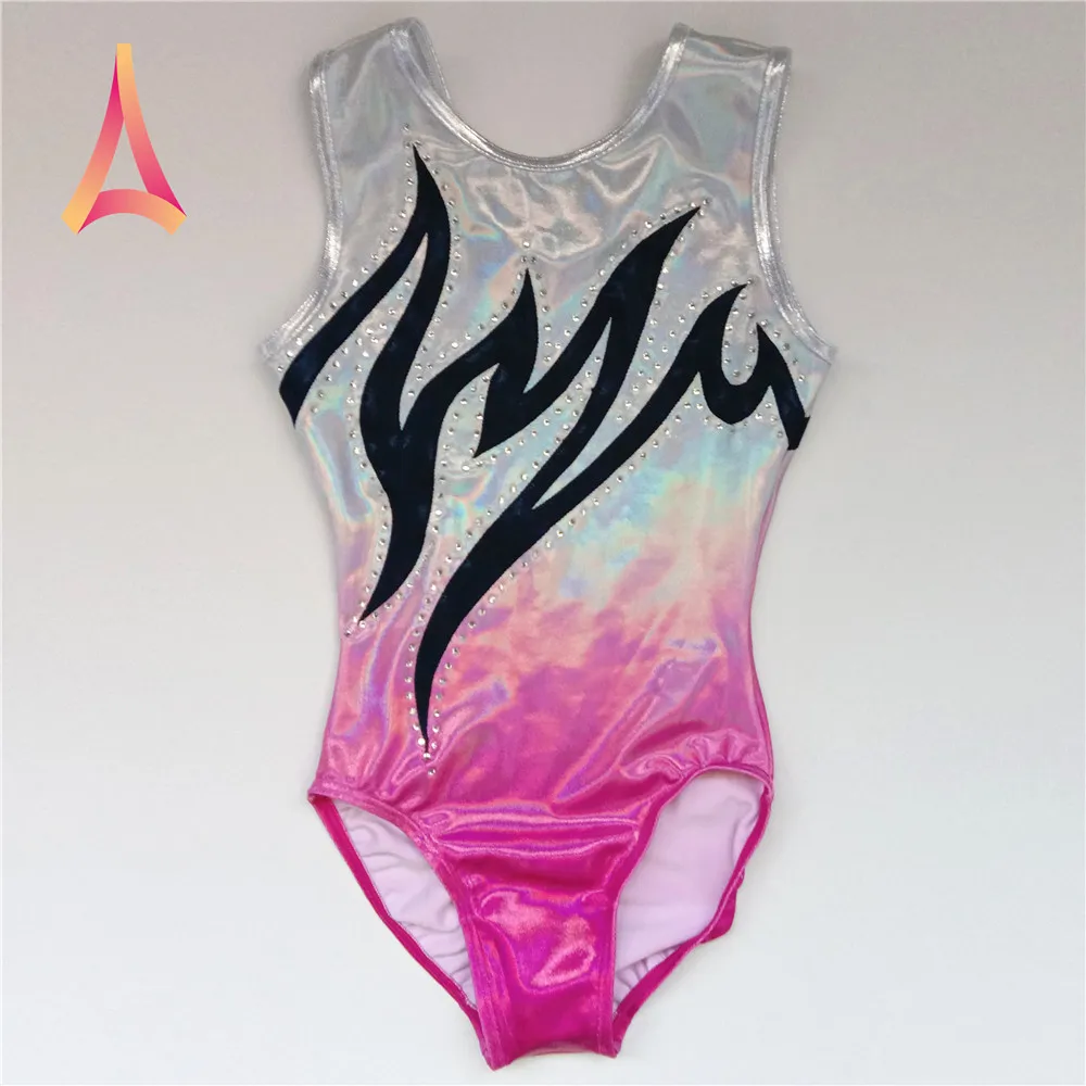 High Quality OEM Pearl White Mystique Shiny Rhinestone Girls Gym Wear Leotards Gymnastics Sleeveless