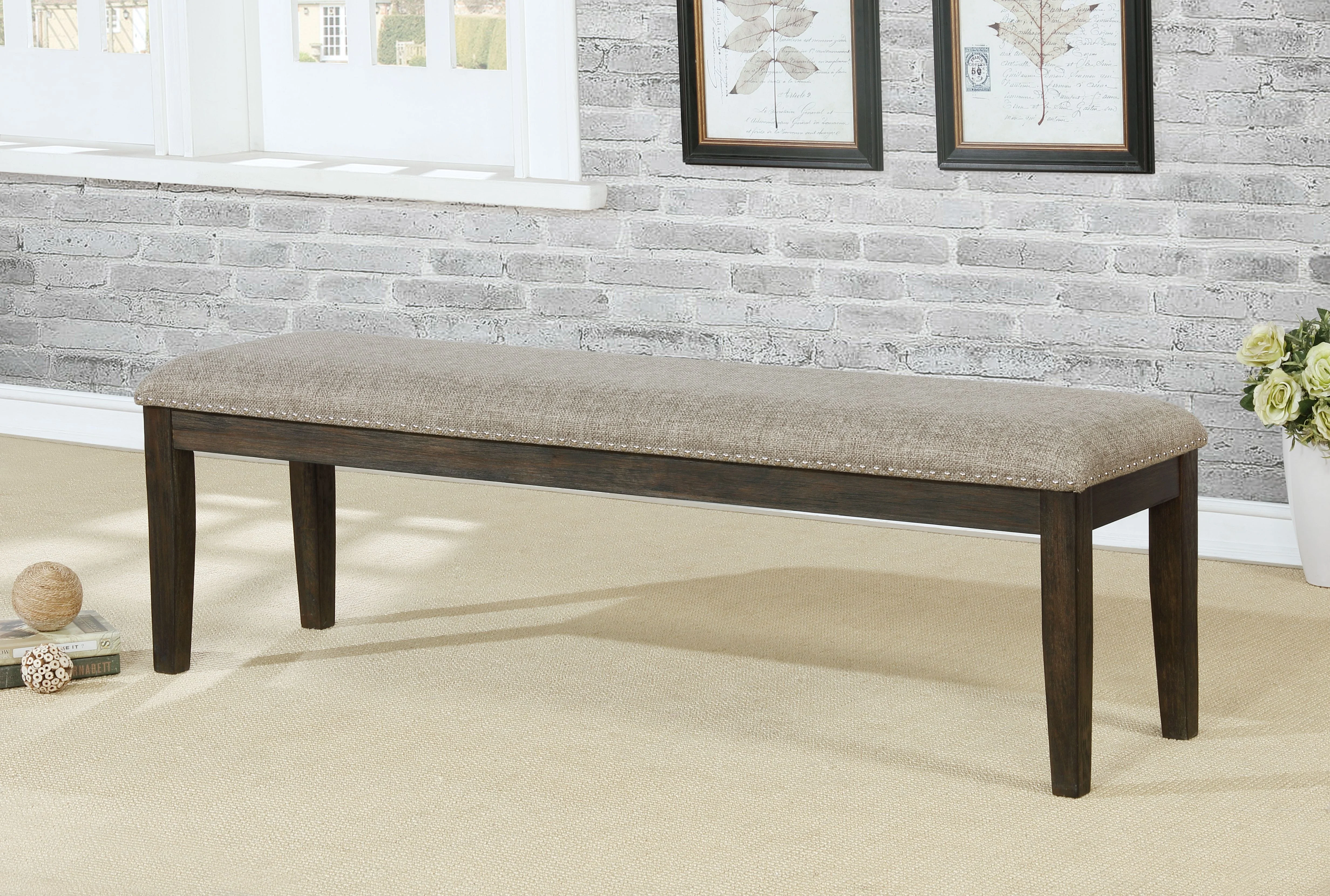 US warehouse in stock Transitional Solid Wood dining bench seat with Padded Seat and Nailhead Trim for home family use