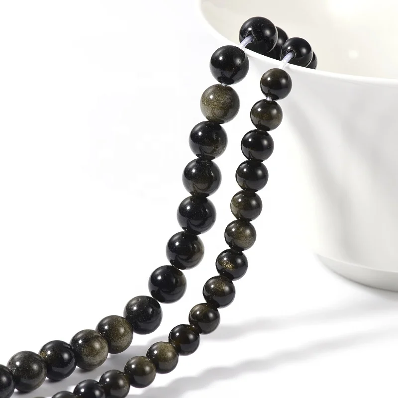 Wholesale Natrual Loose Gemstone Golden Banded Black Obsidian 2mm Large Hole Round Beads For Jewelry Bracelet Necklace Making