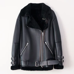Genuine Leather Coat Wholesale Winter Warm Thick Lapel Women Shearling Leather Jacket With Real Fur Lining