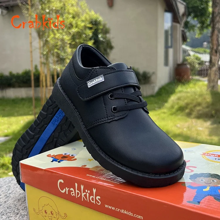 Crabkids Low Price Customized School Teenagers Boy Formal Occasion Uniform All Black Leather Kids Shoes
