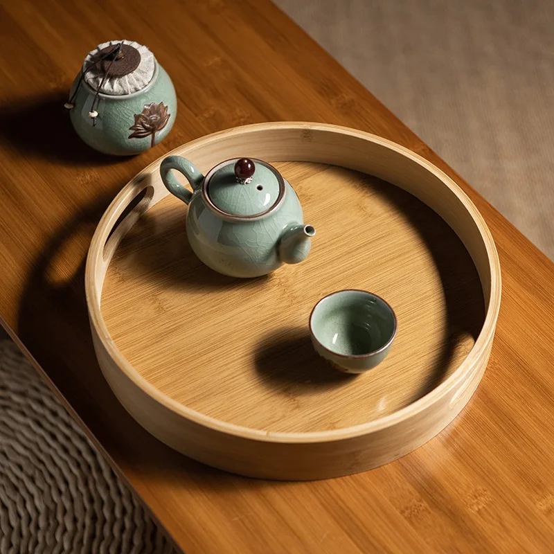 
Bamboo hotel B&B tray simple home can be laser engraved logo round tea tray double ear portable round tea tray 