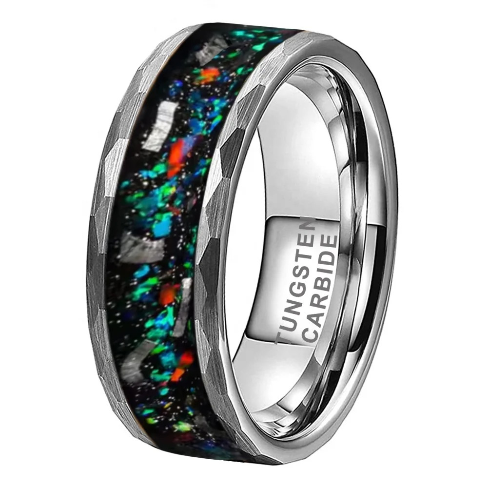 Coolstyle Jewelry 8mm Hammered Tungsten Ring for Men Women Real Meteorite Galaxy Opal Inlay Fashion Engagement Wedding Band