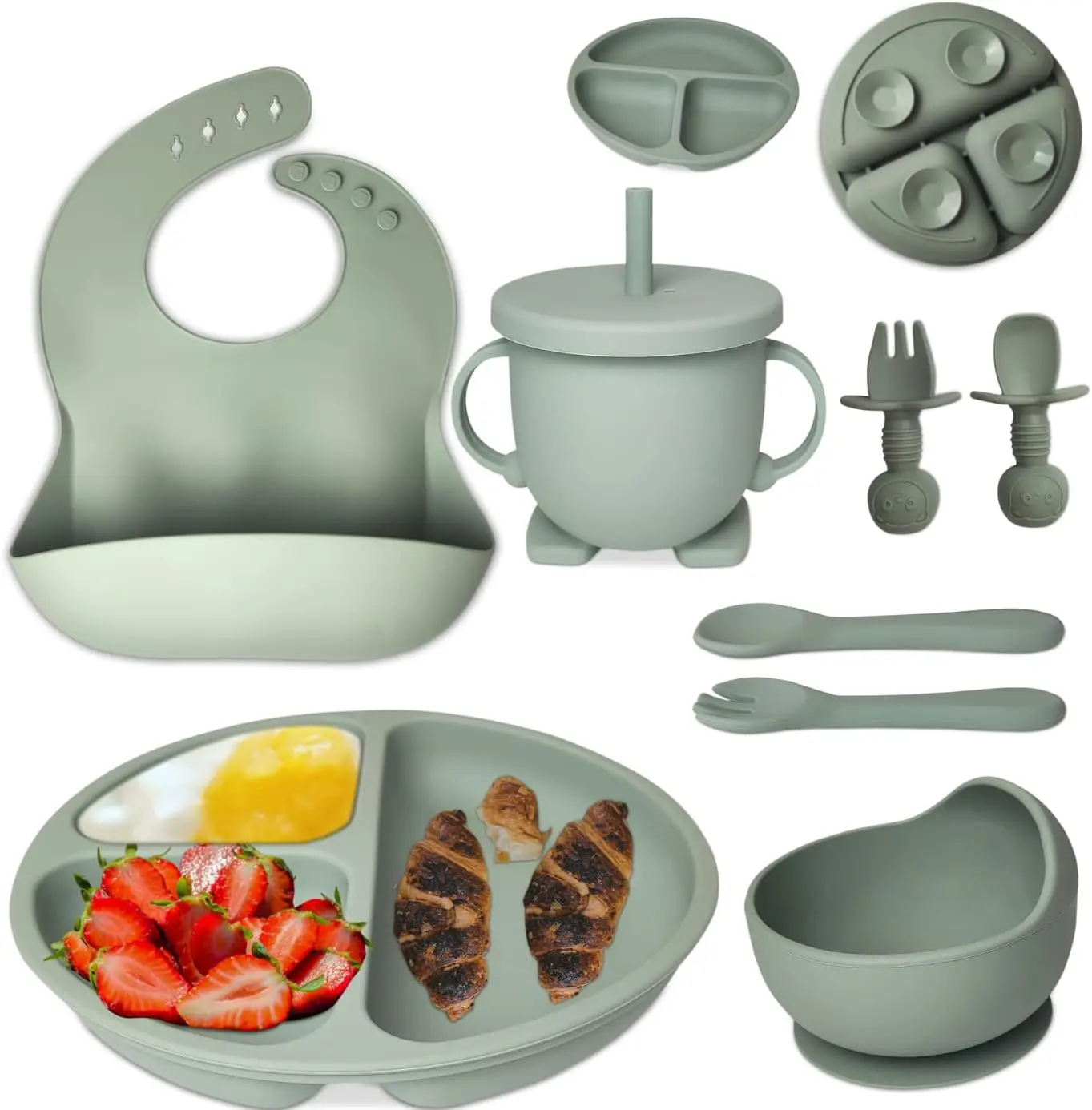 High quality Kids Cutlery Set Spoon Fork Plate Bib Baby Feeding Nursing Silicone Baby Suction Bowl 2023