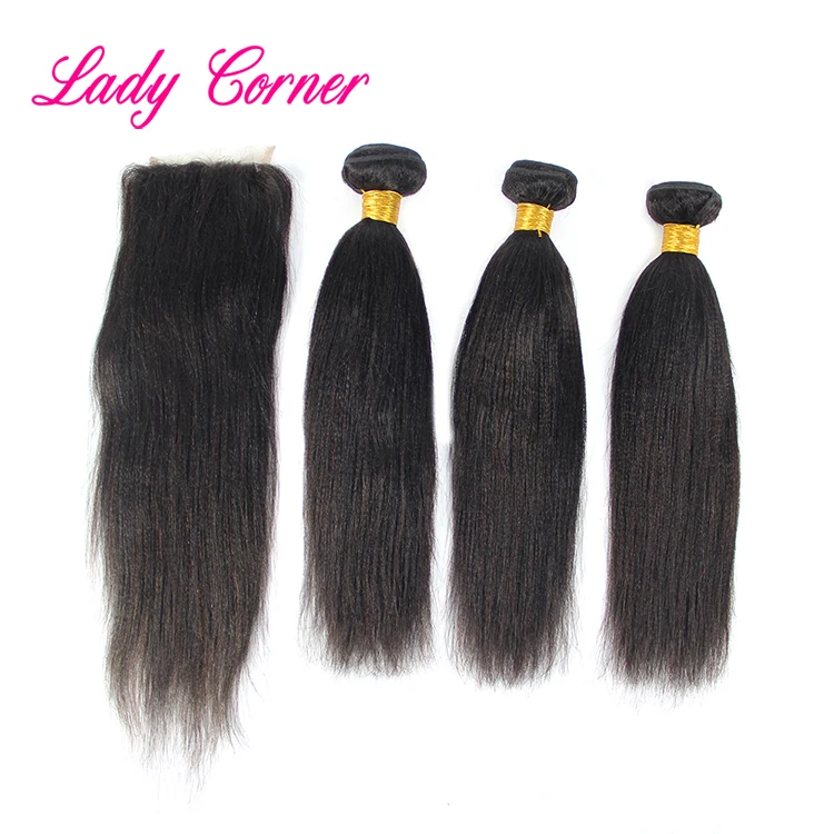Brazilian Virgin Human Hair Weave Yaki Kinky Straight Wave Bundles With Lace Frontals