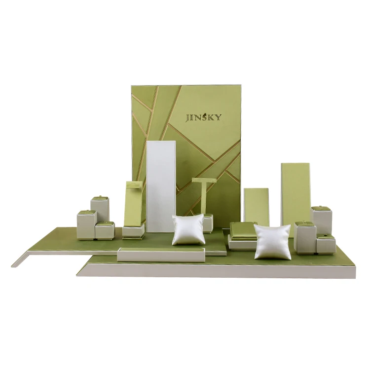 JINSKY exhibitor stands jewellery display stands wooden green color pu leather jewelry stand