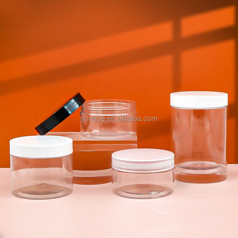 Clear pet plastic square body scrub jars container 100 gr 200gr 250g 250ml pot cream cosmetic jar with seal black/white lids