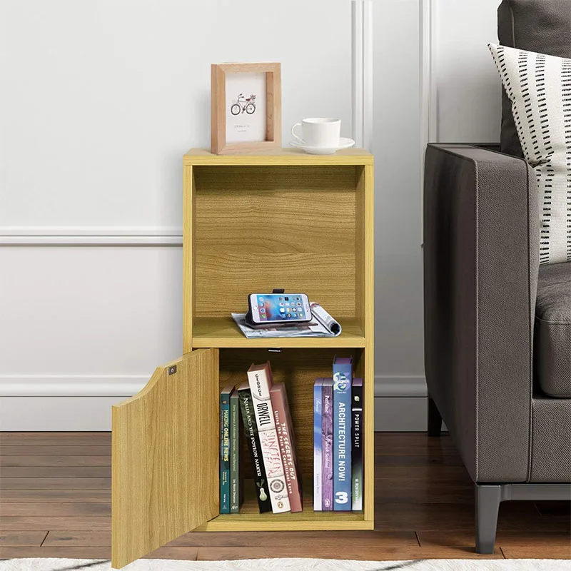 Wooden 2 cubed bookcase with door Modern Small 2 Tier Bookshelf Living Room Furniture