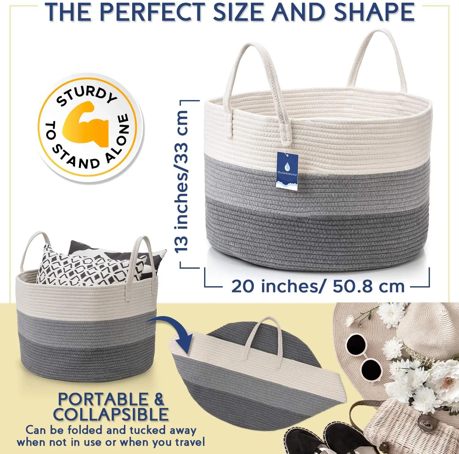 Woven blanket basket with handle 50.8cm X 50.8cm X 33.0cm, living room oversize basket, cotton rope basket, stuffed animal toy b