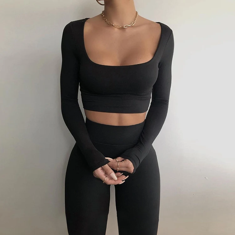 Solid Casual Stretch Top And Pants Fall Clothes Fitness Workout 2 Piece Set For Women Skinny Long Sleeve Woman