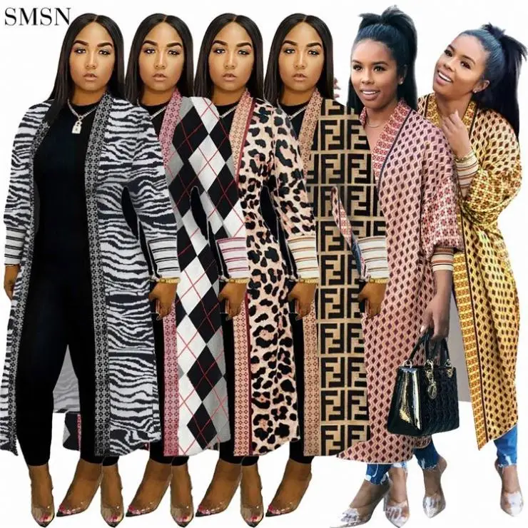 Autumn Long Threaded Sleeves Print Womens Fall Coats Cardigan Long Coat For Women