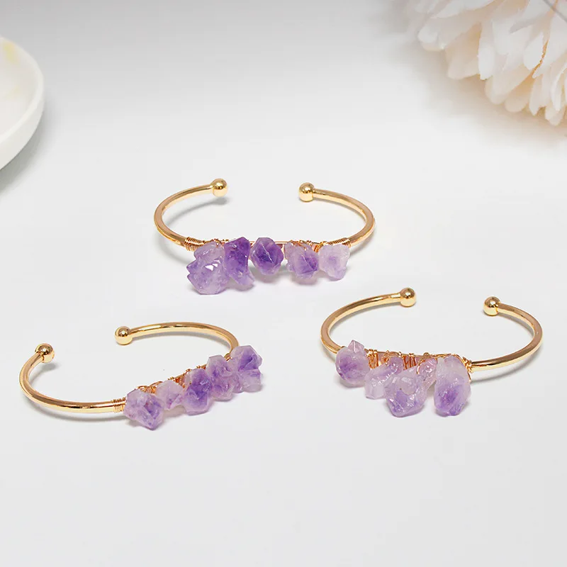 QIURAN Beaded Bracelets Handmade Single Crystal Copper Wire Bangle Amethyst Peridot Rose Quartz Aquamarine Natural Stone Beaded