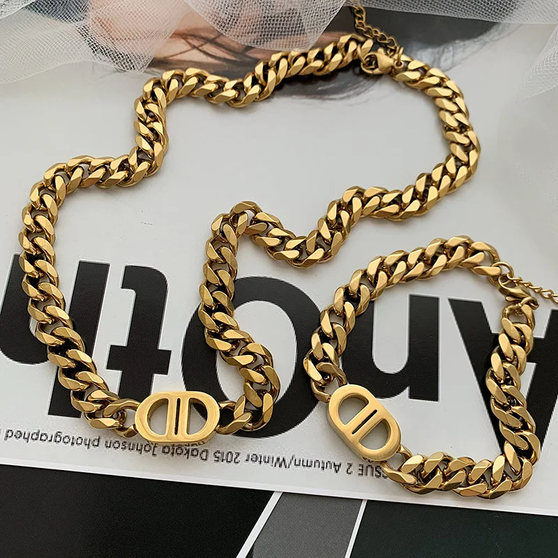 Ins Trendy Female Hip-Hop 18K Gold Plated Cuban Chains Necklace For Women Stainless Steel Necklace