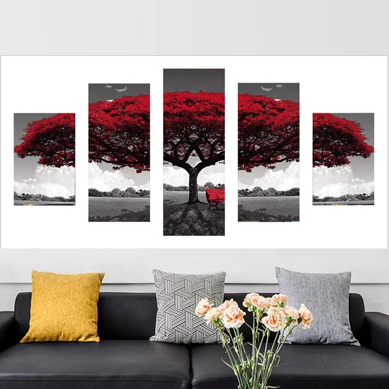 5 pieces of high-definition printed red trees canvas art painting home decoration painting 5d diamond painting printing poster
