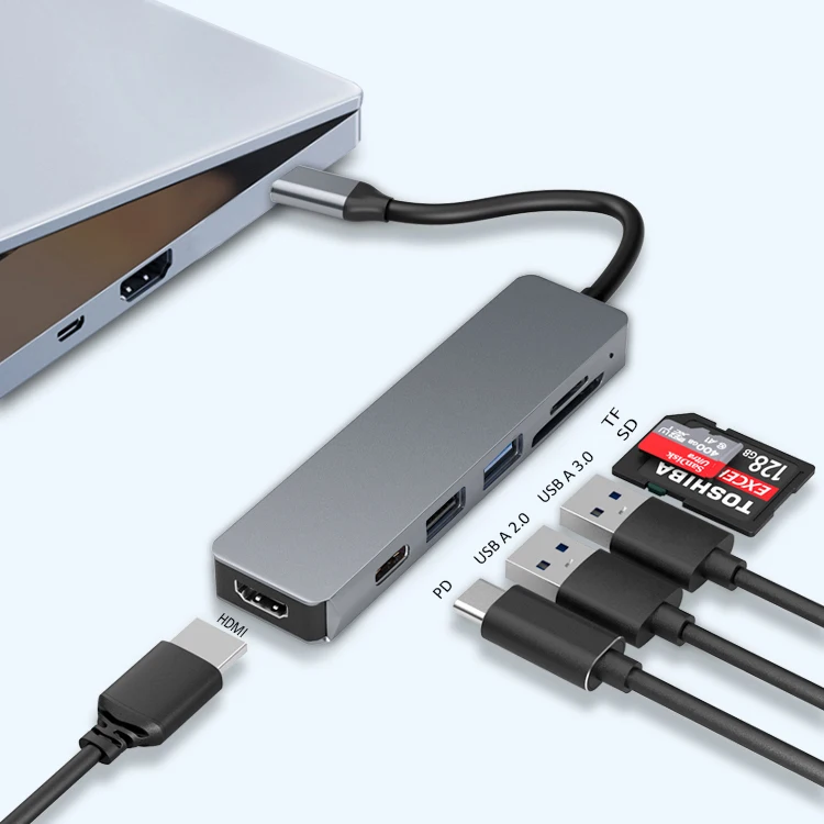 6 in1 USB Type C Hub Adapter USB C Hubs Laptop Docking Station with 4K HD-mi RJ45 SD/TF Card Reader for Ipad  Macbook USB Hubs