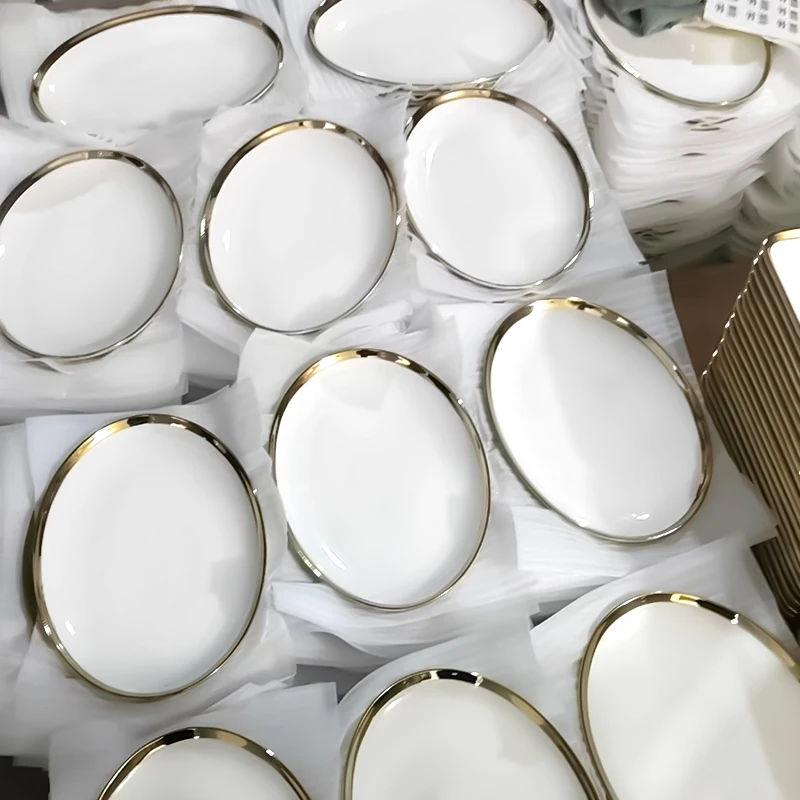 Wholesale Gold Plated Rim Ceramic Tableware Set Oval Round Rectangular White Plate Sell By Ton