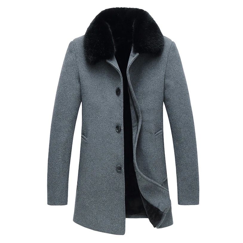 
Drop Shipping Wholesale Mens Winter Coat Plus Velvet Warm Jacket Black Gray Business Casual Turn Down Collar Woolen Coat 