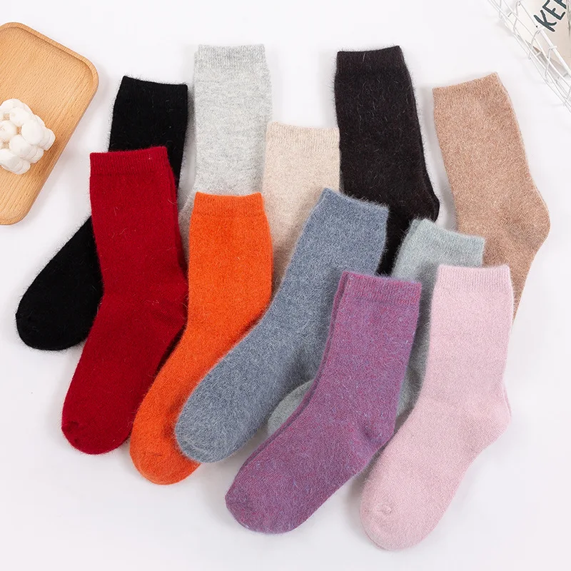 Bulk thick thermal autumn winter solid color crew angora rabbit wool socks for woman