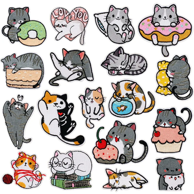 DIY cute cartoon cat embroidery patch iron on backing patch