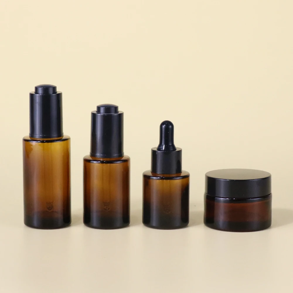 Amber 20 30ml 50ml 60ml 100ml 120ml toner flat shoulder cylinder glass dropper bottle for serum essential oil with black dropper