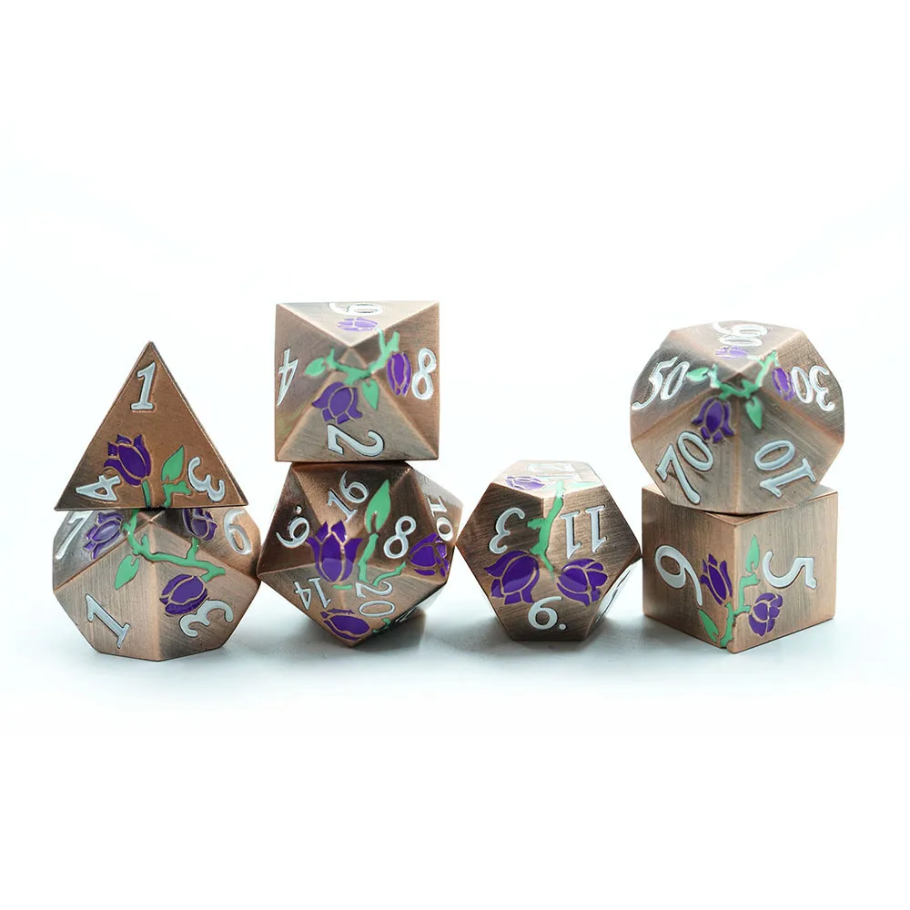 Best Selling copper Multiple Colors Durable Antique Dnd Metal flower Dice Set For Dnd Games