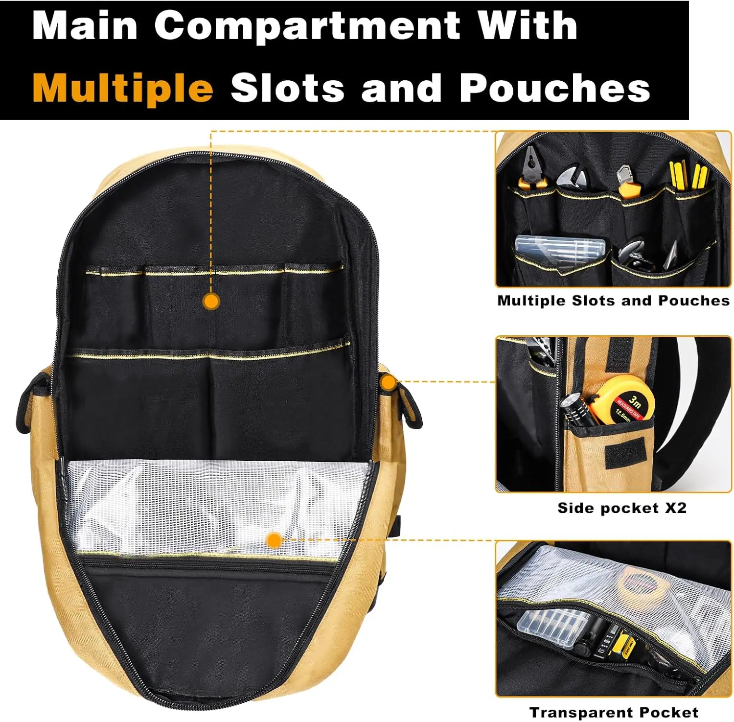 Heavy Duty Tool Bag Backpack with Waterproof Molded Base Electrician Work Pack Hand Tools Multi Pockets Tool Storage Organizer