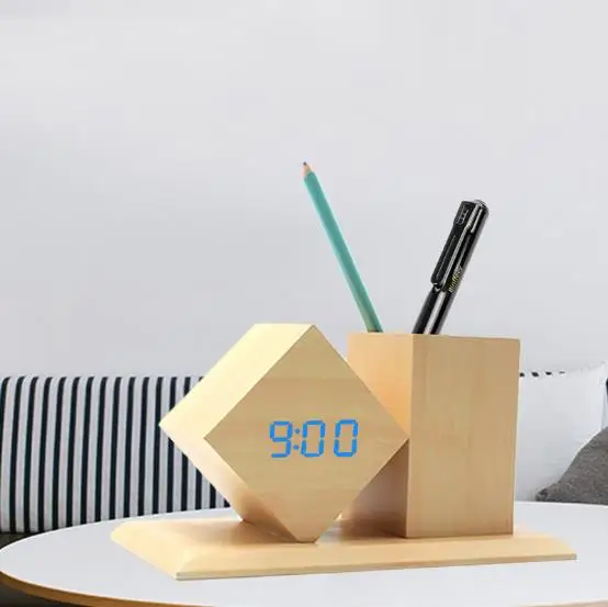 Amazon Promotion Gifts Office Desk Table Organizer alarm Clock Wooden Pen Stand with Digital Touch LED Clock Wood Pen Holder