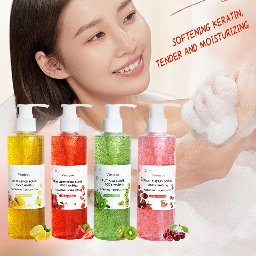 OEM ODM Fruit Flavor Body Care Bath Shower Gel Exfoliating Perfumed Refresh Strawberry Lemon Kiwi Cherry Scrub Body Wash Gel