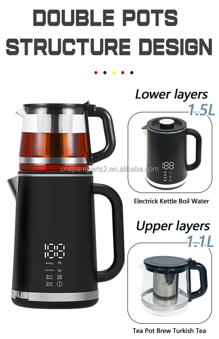 1500W 2.6lPortable Double Glass Tea Maker Stainless Steel Modern With Glass Tea Pot Smart Electric Kettle Turkish Samovar Kettle