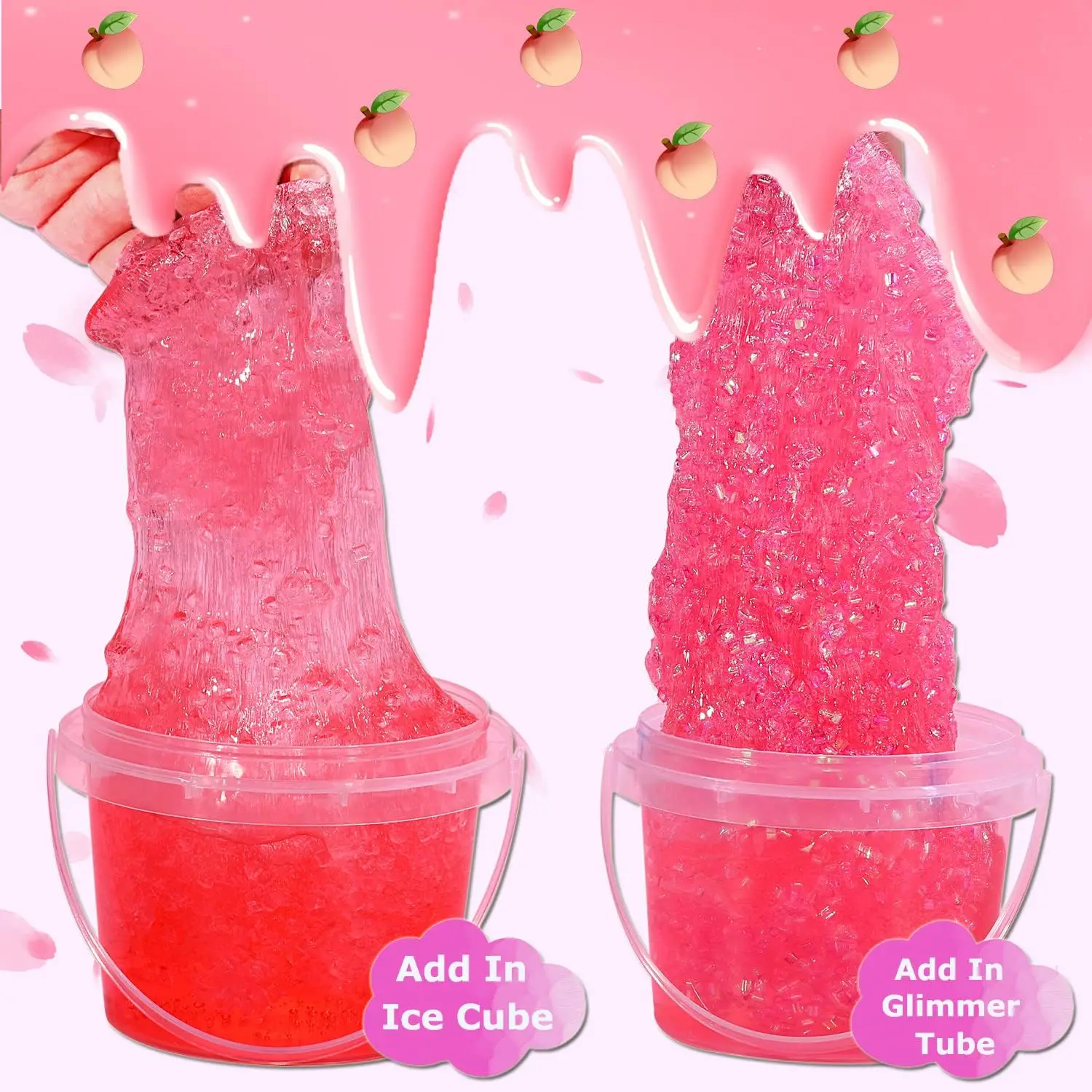 Premade Crystal Slime Peach Pink Jelly Cube Glimmer Crunchy Slime  With 6 Sets of Slime Add-ins Party Favors for Kids