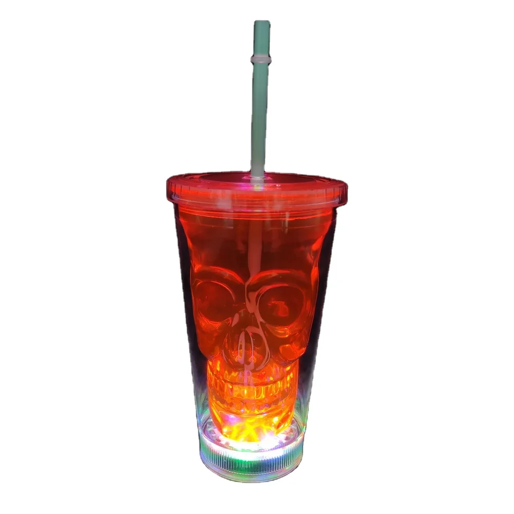 High Quality 16oz LED flashing double wall halloween tumbler with lid and straw