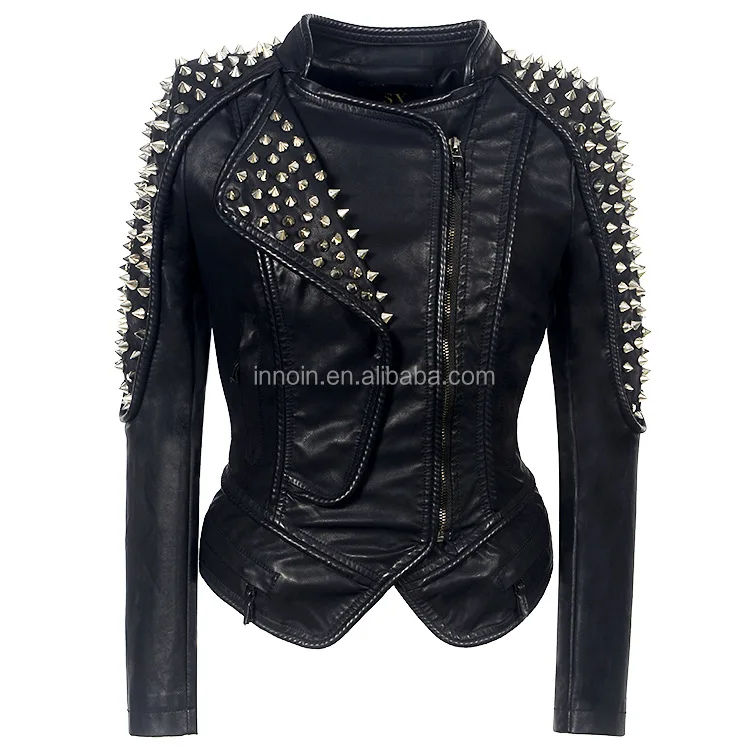 
Women Leather Jacket New Spikes Stars Slim Rivet Jacket PU Punk Biker Leather Coats For Sale 