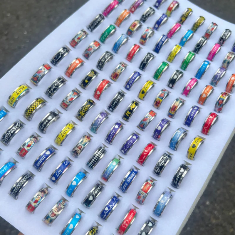 Cheapest mix model stainless steel rings colorful pattern finger ring for women