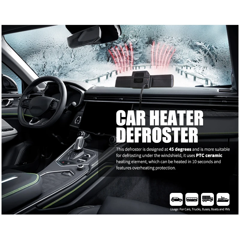 12v Car Heater Defroster Portable Windshield Defogger Fast Heating with Cigarette Lighter Plug
