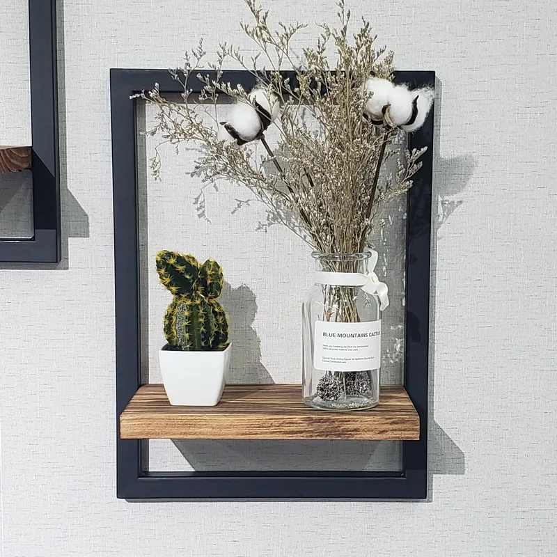 Black Wrought Iron Rack Display Natural Wooden Vintage Multi-function Wall Shelf for Living Room