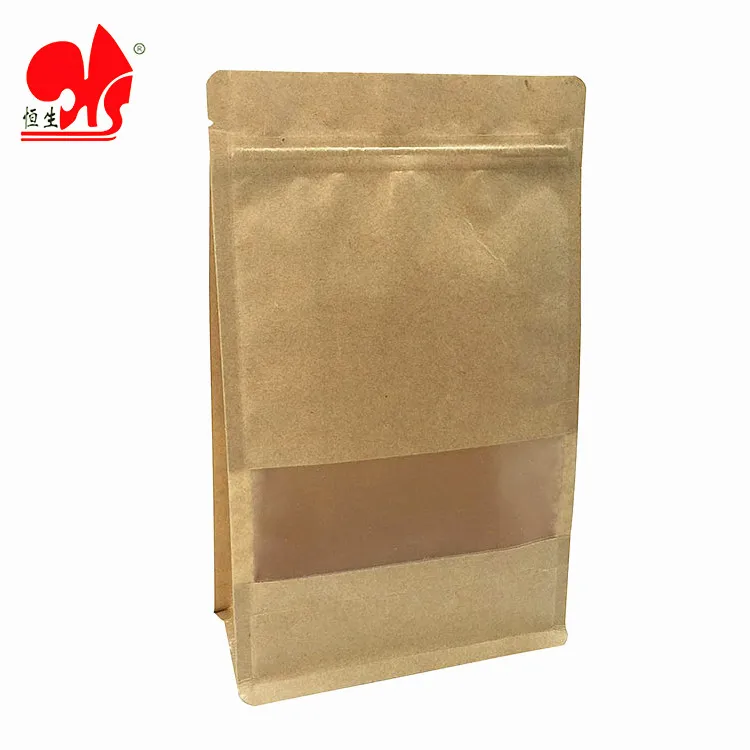 Recyclable flat bottom kraft paper bag food grade food storage 8 sided seal kraft zipper pouch with window