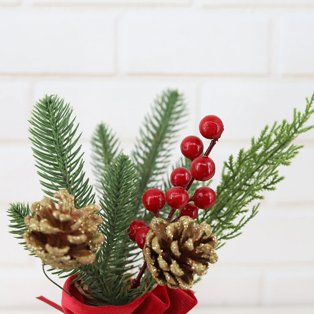Artificial Christmas Tree With Red Berry Flower Pine Cone Mini Tabletop Tree Xmas Home Decorations