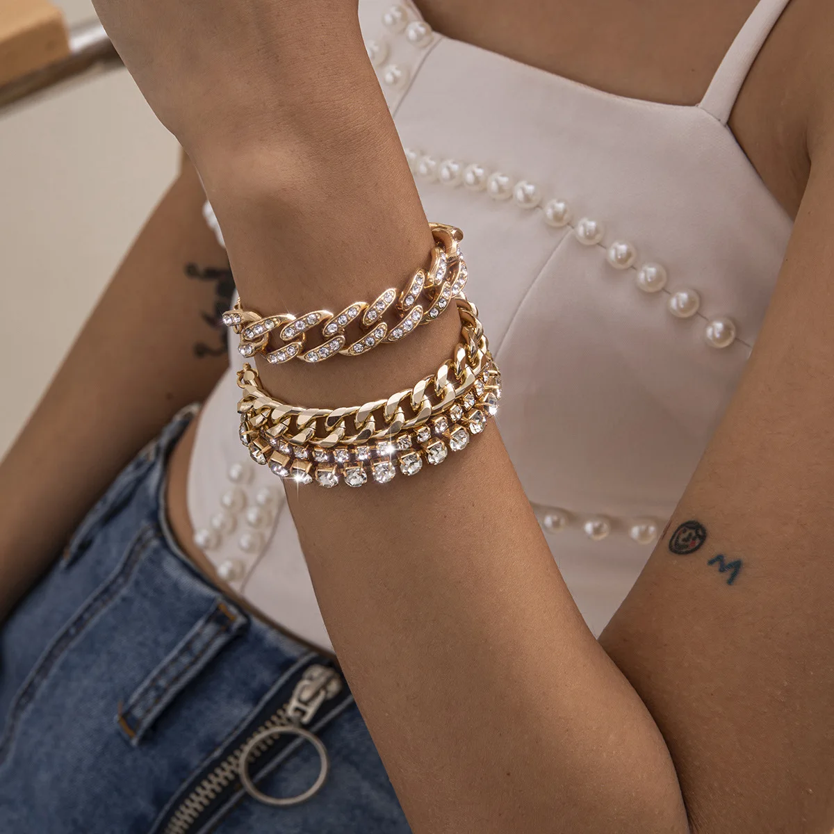  Purui 4pcs Punk Curb Cuban Chain Bracelets Set for Women Miami Boho Thick Gold Color Charm Bangles Fashion