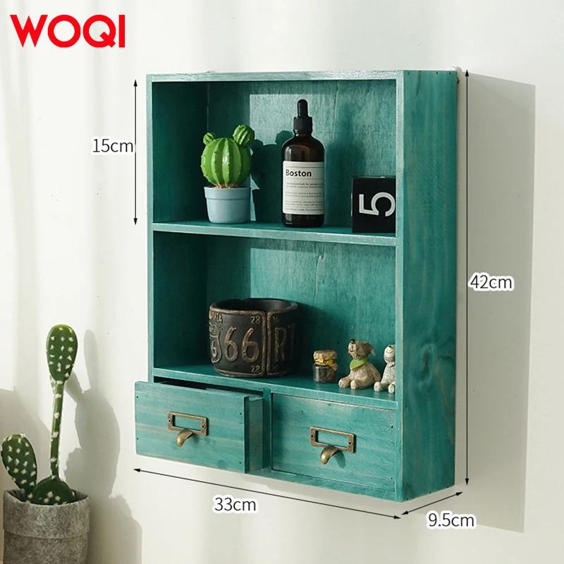 WOQI Vintage Solid Wood Display Shelves with 2 Drawers Wall Mounted/ Tabletop Suitable for All Kinds of Scenes